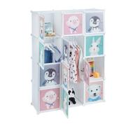Relaxdays Armario Modular Infantil, 8 Compartimentos, Puertas Estampado Animales, Estantería Niños, 145x109x37cm, Blanco