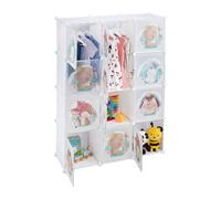 Relaxdays Armario Modular Infantil, 2 Rieles Ropa, Puertas con Animales, 145x110x37 cm, DIY, Estantería Cubos, Blanco