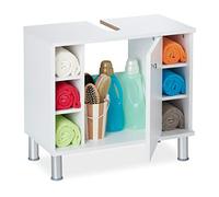 Relaxdays Armario para debajo del lavabo, tablero DM, color blanco | HBT 53,5 x 60 x 32 cm, una puerta, 7 compartimentos, sifón recortado