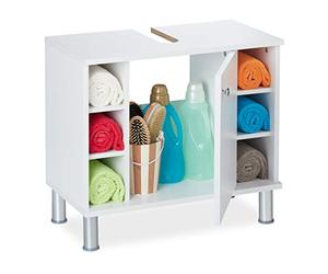 Relaxdays Armario para debajo del lavabo, tablero DM, color blanco | HBT 53,5 x 60 x 32 cm, una puerta, 7 compartimentos, sifón recortado