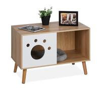 Relaxdays Armario para Gatos con Entrada Mueble para Arenero de Gato con Diseño de Patita, 50x75x40 cm, Cama, Escondite para Interior, Natural y Blanco, Tablero de Fibras