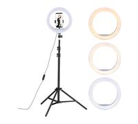 Relaxdays Aro LED con Trípode, para Móvil, Anillo Selfies, Luz Regulable, Ring Light Influencers, Blanco/Negro, Hierro, 68-153 x 50 x 50 cm