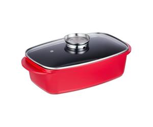 Relaxdays Asador de Horno con Tapa 5 L, Rustidera, Olla Antiadherente, con Botón de Aroma, Placa Eléctrica y Gas, Rojo