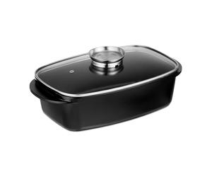 Relaxdays Asador de Horno con Tapa, Rustidera 5 L, Olla Antiadherente con Botón de Aroma, Placa Eléctrica y Gas, Negro