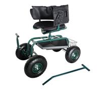 Relaxdays Asiento de jardín móvil Regulable en Altura, 150 kg, Espacio de Almacenamiento, Barras de dirección, cojín de Asiento, Respaldo, Carrito de jardín, Color Verde