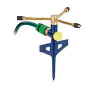 Relaxdays Aspersor, Difusor Agua 360º, 11 m Alcance, Estaca Suelo, Sistema Riego Circular 3 Brazos, Metal, Dorado/Azul