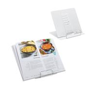 Relaxdays Atril para Libros, Set 2, Soporte Recetas, Ajustable 6 Niveles, Sujetalibros con Pinza, Cocina, Acero, Blanco, 18 x 21 x 16,5 cm