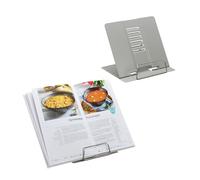 Relaxdays Atril para Libros, Set 2, Soporte Recetas, Ajustable en 6 Niveles, Sujetalibros con Pinza, Cocina, Acero, Gris, 100%, 2 Unidades