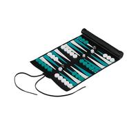 Relaxdays Backgammon, de Viaje, Enrollable, Incluye Accesorios, 30 x 24,5 cm, Efecto Cuero, Juego Mesa, Negro/Turquesa