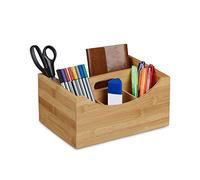 Relaxdays bambú organizador de escritorio, soporte para el lápiz, 4 compartimentos, asa, Natural Madera Grano, tamaño: aprox. 12 x 25 x 18 cm), color marrón