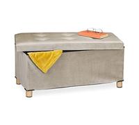 Relaxdays Banco Almacenaje, Acolchado, Terciopelo, Patas Madera, hasta 120 kg, Plegable, 34 x 76 x 38 cm, Crema, 34x76x38 cm