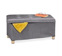 Relaxdays Banco Almacenaje, Acolchado, Terciopelo, Patas Madera, hasta 120 kg, Plegable, 34 x 76 x 38 cm, Gris Oscuro, Tablero de Fibras, 34x76x38 cm