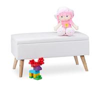 Relaxdays Banco Almacenamiento 40 L, Acolchado, Patas de Madera, Cuero Sintético, 40 x 80 x 39,5cm, Asiento Baúl, Blanco