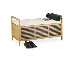 Relaxdays Banco Almacenamiento con Cojín para Baño, Recibidor, Salón y Dormitorio, Bambú, Marrón, 50 x 93 x 48 cm