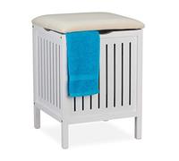 Relaxdays Banco Baño con Asiento, Taburete para Colada, Estilo Rústico, 40 L, Cesto Ropa Sucia, 55 x 41 x 41 cm, Blanco