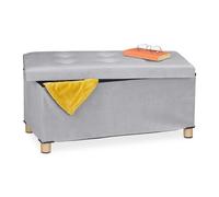Relaxdays Banco Almacenaje, Acolchado, Terciopelo, Patas Madera, hasta 120 kg, Plegable, 34 x 76 x 38 cm, Gris Claro, 34x76x38 cm