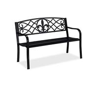 Relaxdays Banco de jardín, Motif Fleur de lis, 2 plazas, Acero, jardín y terraza, HxBxT: 86 x 127 x 60 cm, Negro