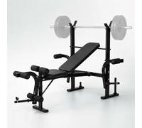 Relaxdays Banco de pesas multifuncional, soporte barra, acero negro | butterfly, extensor de piernas, ajustable, plegable