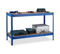 Relaxdays Banco de Trabajo, 2 Niveles de Altura Ajustable, 90,5 x 141 x 61 cm, Mesa Carpintería para Taller, Acero, Azul, Tablero de Fibras, 92 x 150 x 60 cm