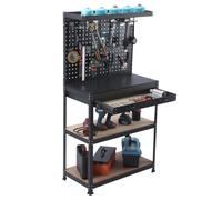 Relaxdays Banco de trabajo con panel y cajón marrón claro,negro,plata