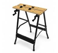 Relaxdays Banco de Trabajo Plegable, Natural/Negro | 4 mordazas, 100 kg, Al x An x Fon: 76 x 56 x 62 cm, regla, medidor de ángulos, porta herramientas, acero, MDF