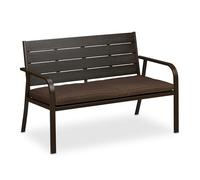 Relaxdays Banco Jardín con Cojín, Efecto Madera, 2 Plazas, Asiento Exterior Resistente, 78 x 118 x 66 cm, Marrón, Poliéster