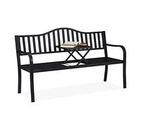 Relaxdays Banco Jardín con Mesa Plegable, 3 Plazas, Estable, Decoración Jardín Exterior, 89 x 150 x 58,5 cm, Negro