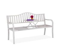 Relaxdays Banco Jardín con Mesa Plegable, 3 Plazas, Estable, Decoración Jardín Exterior, 89x150x58,5 cm, Blanco y Bronce