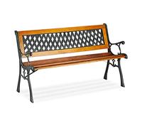 Relaxdays Banco Jardín y Terraza de 2 Plazas con Respaldo Enrejado, Madera y Hierro Fundido, Marrón, 73 x 125 x 52 cm