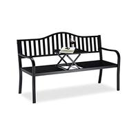 Relaxdays Banco Jardín y Terraza de 3 Plazas con Mesa Plegable, Acero, Asiento Robusto, 90 x 150 x 57,5 cm, Negro