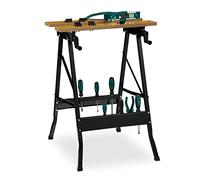 Relaxdays Banco Trabajo Plegable, hasta 100 kg, Mesa Taller Ajustable, 4 Mordazas, 75,5 x 56,5 x 62 cm, Natural y Negro, Tablero de Fibras