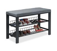 Relaxdays Banco Zapatero, Organizador Zapatos Recibidor, Acolchado, 2 Baldas, Tela, Metal, 5x82x33cm, Gris y Negro, Tablero de Fibras, 50,5 x 82 x 33 cm