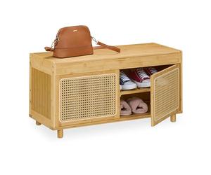 Relaxdays Banco Zapatero, con Almacenamiento, 2 Estantes, Bambú, Diseño de Ratán, 45 x 90 x 37 cm, Natural/Beige