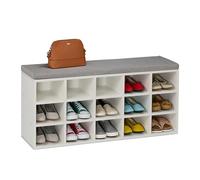 Relaxdays Banco Zapatero con Asiento, 15 Cajones, Tapizado, Pasillo o Entrada, Descalzadora, 48x105x30 cm, Blanco/Gris
