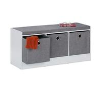 Relaxdays Banco Zapatero con Asiento Acolchado, 3 Cajones de Tela para Almacenaje, 46 x 102 x 32 cm, MDF, Blanco y Gris, Tablero de Fibras