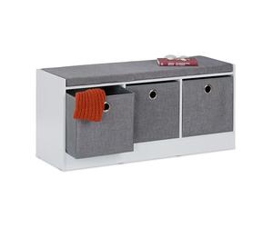 Relaxdays Banco Zapatero con Asiento Acolchado, 3 Cajones de Tela para Almacenaje, 46 x 102 x 32 cm, MDF, Blanco y Gris