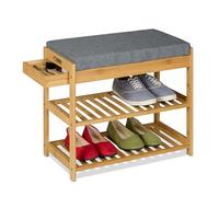 Relaxdays Banco Zapatero con Asiento Acolchado y 2 Baldas, con Cajón, 49 x 55 x 30 cm, Bambú y Lino, Natural y Gris