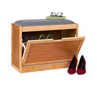 Relaxdays Banco Zapatero con Asiento Grande, Baúl Zapatos Recibidor, 2 Compartimientos Ajustables, Bambú, Natural/Gris