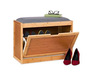 Relaxdays Banco Zapatero con Asiento Grande, Baúl Zapatos Recibidor, 2 Compartimientos Ajustables, Bambú, Natural/Gris