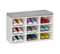 Relaxdays Banco Zapatero con Asiento, Tapizado, 9 Estantes, 49,5x80x31cm, Pasillo, Dormitorio, Descalzadora, Blanco/Gris, 80% Tablero de Fibras