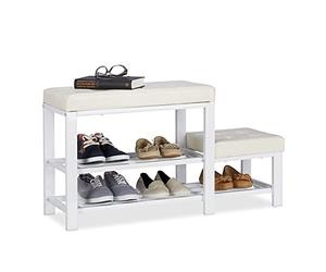Relaxdays Banco Zapatero con Taburete y 2 Niveles, Piel sintética y Metal, Blanco, 50 x 90 x 30,5 cm