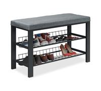 Relaxdays Banco Zapatero, Organizador Zapatos Recibidor, Acolchado, 2 Baldas, Tela, Metal, 5x82x33cm, Gris y Negro, Tablero de Fibras, 50,5 x 82 x 33 cm