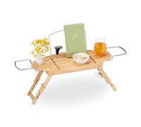 Relaxdays Bandeja Bañera Bambú y Metal, Extensible, 69-90 cm, Soporte Libros y Copa Vino, Tabla Baño con Patas, Natural, Acero Inoxidable