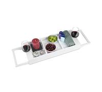Relaxdays Bandeja Bañera Extensible con Soporte para Móvil, Copa de Vino, Jabón y Esponja, Bambú, Blanco, 67,5-101,5 cm