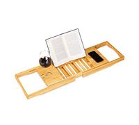 Relaxdays Bandeja Bañera, Tabla de Baño, Ajustable, Atril Libros, Soporte Copas, Bambú, 1 Ud., 17,5 x 70 x 22 cm, Marrón