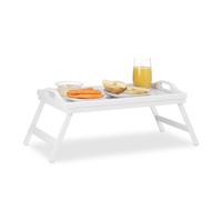 Relaxdays Bandeja Cama con Asas y Patas Plegables, Madera, Blanco, 22 x 61,5 x 30 cm