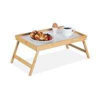 Relaxdays Bandeja Cama de Bambú y MDF, Patas Plegables, Mesita Desayuno, Mesilla Sofá, 23,5 x 63 x 31 cm, Natural/Blanco