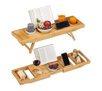 Relaxdays Bandeja Cama y Bañera Extensible 2 en 1 con Soporte para Libros y Copas de Vino, Marrón, 74, Bambú, 5-114 cm, 74.5-114 cm