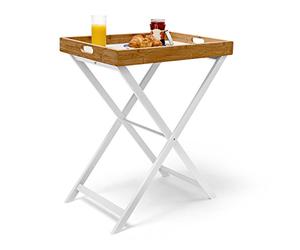 Relaxdays Bandeja con Patas, Bambú y Madera, Aprox. 72x60x40 cm, Mesita Auxiliar, Mesa Desayuno Cama, Plegable, Blanco