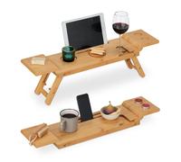 Relaxdays Bandeja Bañera Bambú, 70 cm Ancho, Soporte para Tablet, Móvil, Copa de Vino, Tabla Baño con Patas, Natural